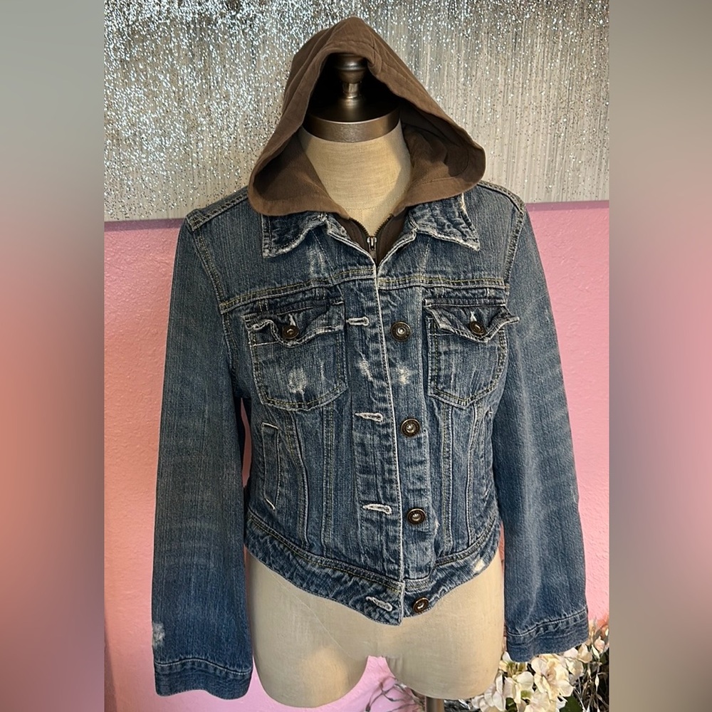 STAR JEANS DENIM STYLISH BLUE Button Jacket with Zip Brown Hoodie S Distressed